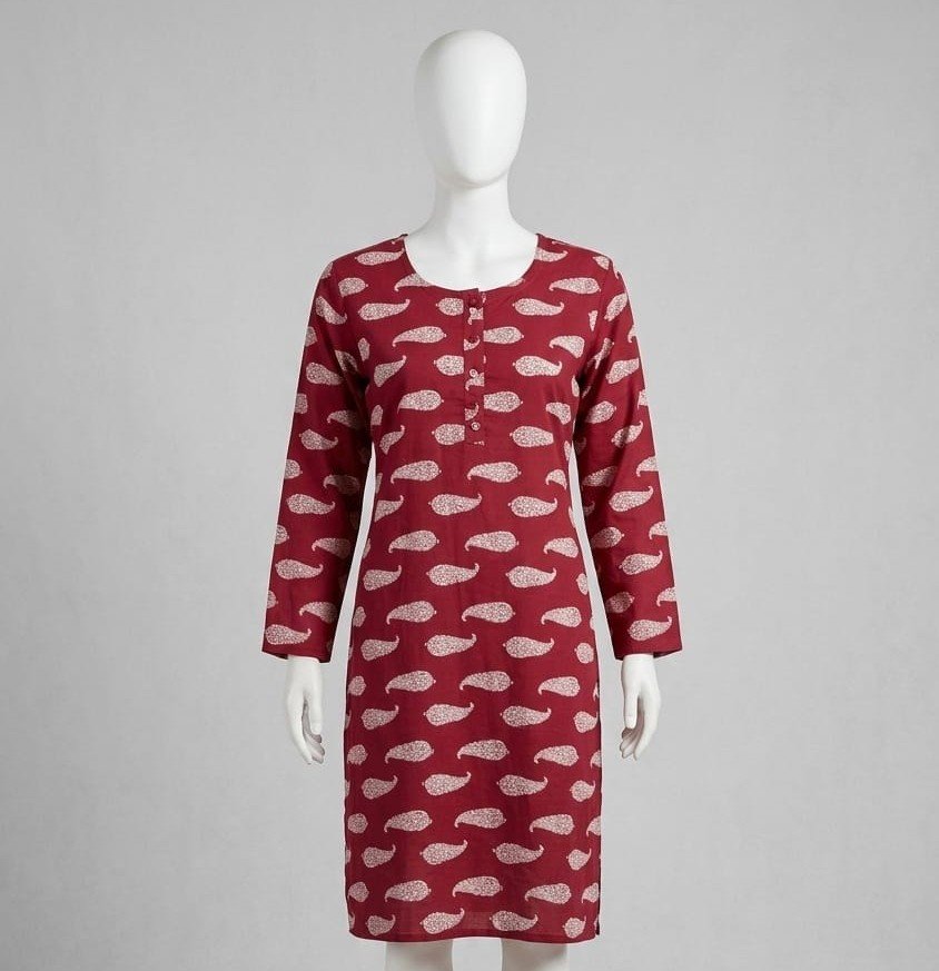 Maroon Cotton Paisley Print Straight Kurti
