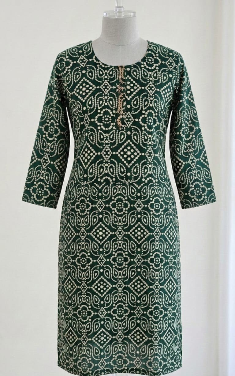 Bottle Green Bandhani Print Straight Cotton Kurti