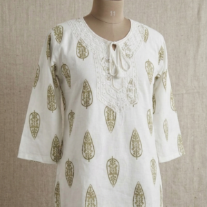 Off-White Cotton Short Kurti with Sage Green Leaf Print