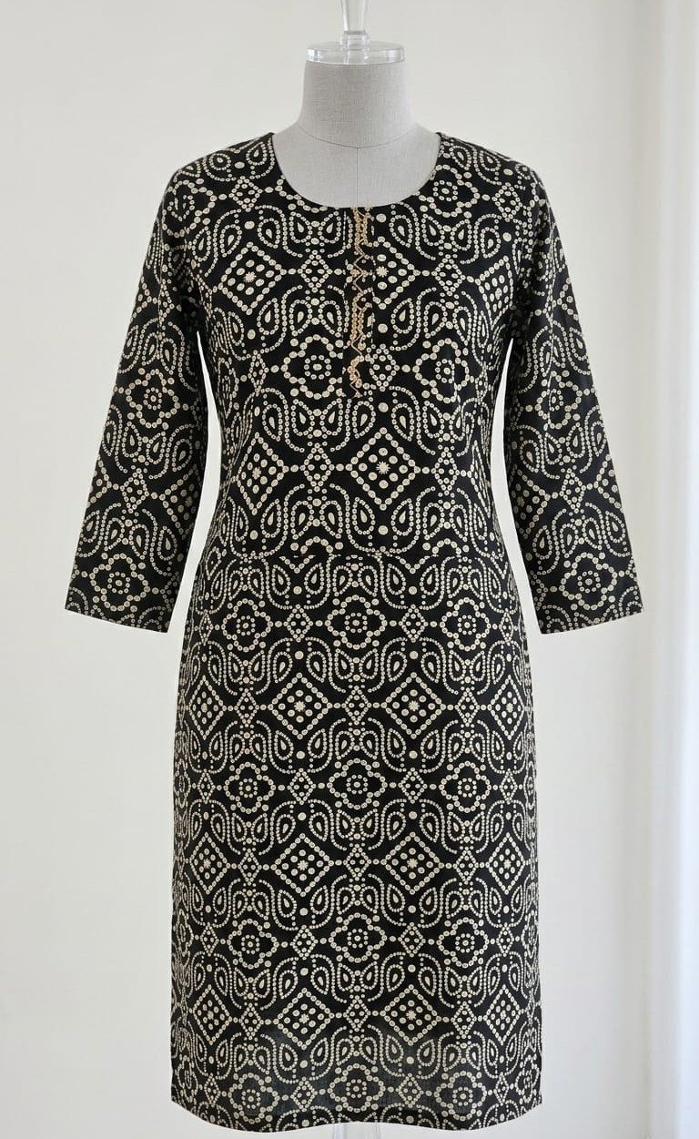 Jet Black Bandhani Geometric Print Straight Kurti