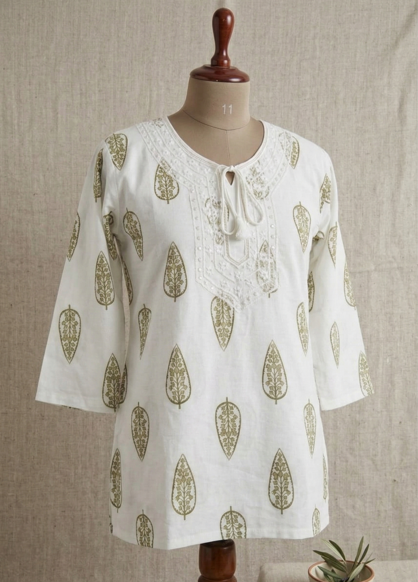 Off-White Cotton Short Kurti with Sage Green Leaf Print