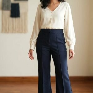 Ivory Pearl Button Silk Blouse and Navy Flared Trouser