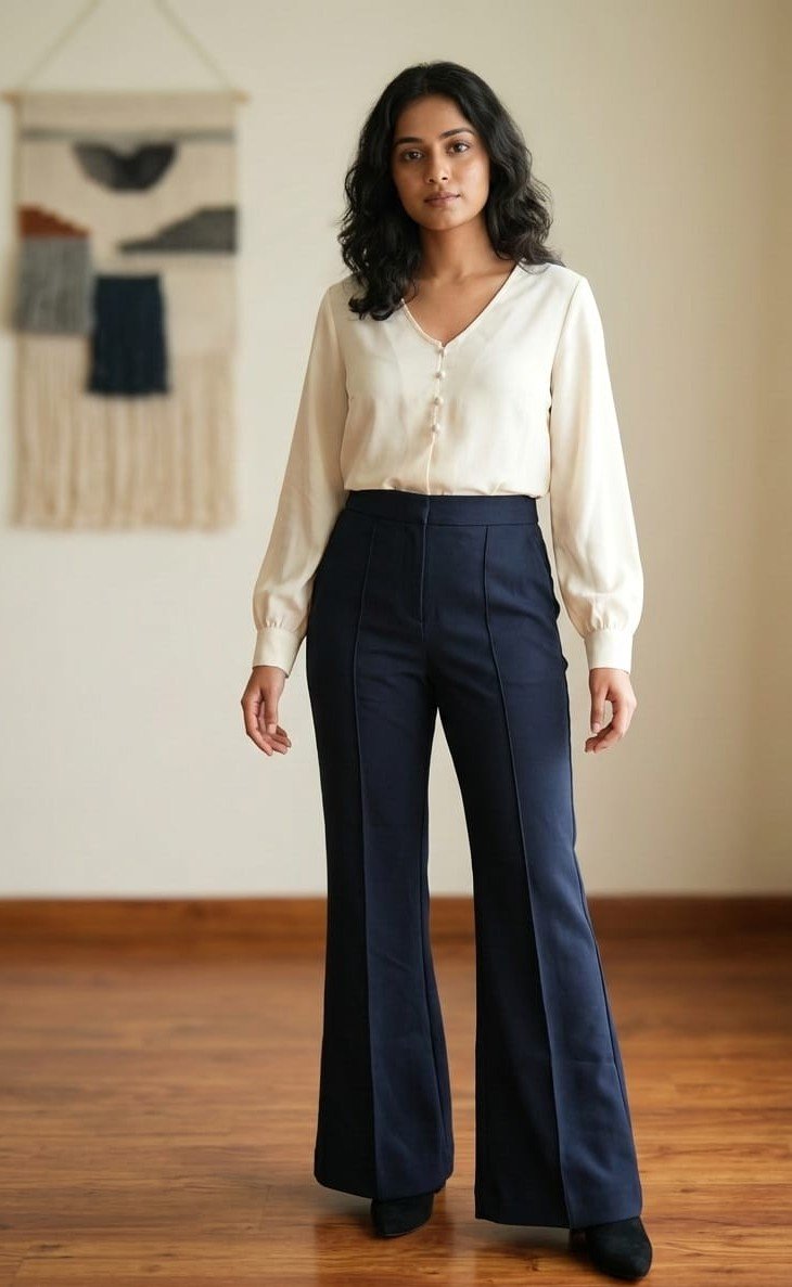 Ivory Pearl Button Silk Blouse and Navy Flared Trouser