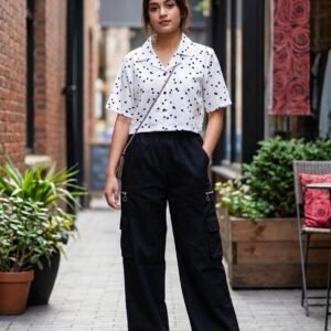 Women's Polka Dot Printed Crop Shirt & Cargo Trousers Co-ord Set