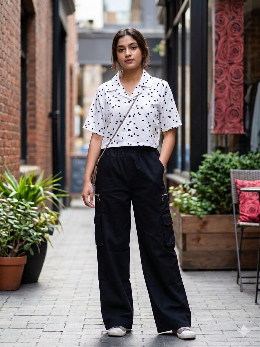 Women's Polka Dot Printed Crop Shirt & Cargo Trousers Co-ord Set