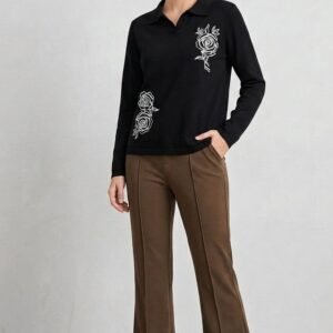 Floral Knit Polo & Seamed Flare Trousers