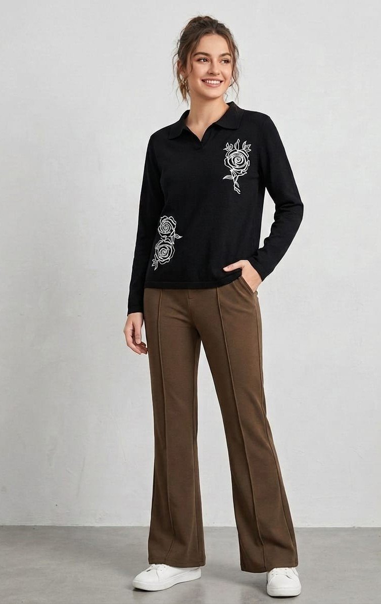Floral Knit Polo & Seamed Flare Trousers