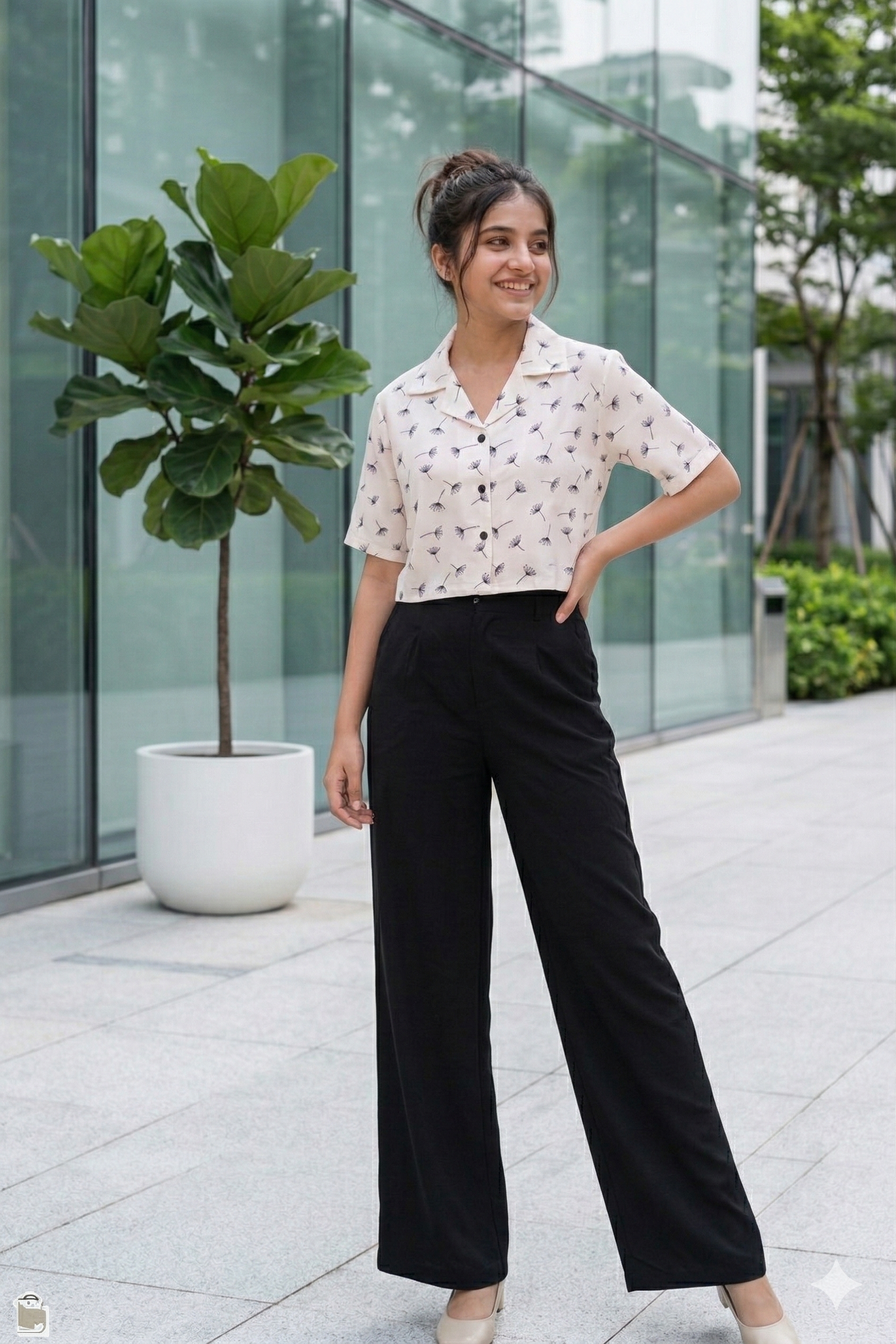 Women's Dandelion Print Crop Shirt & Wide-Leg Trousers Co-ord Set