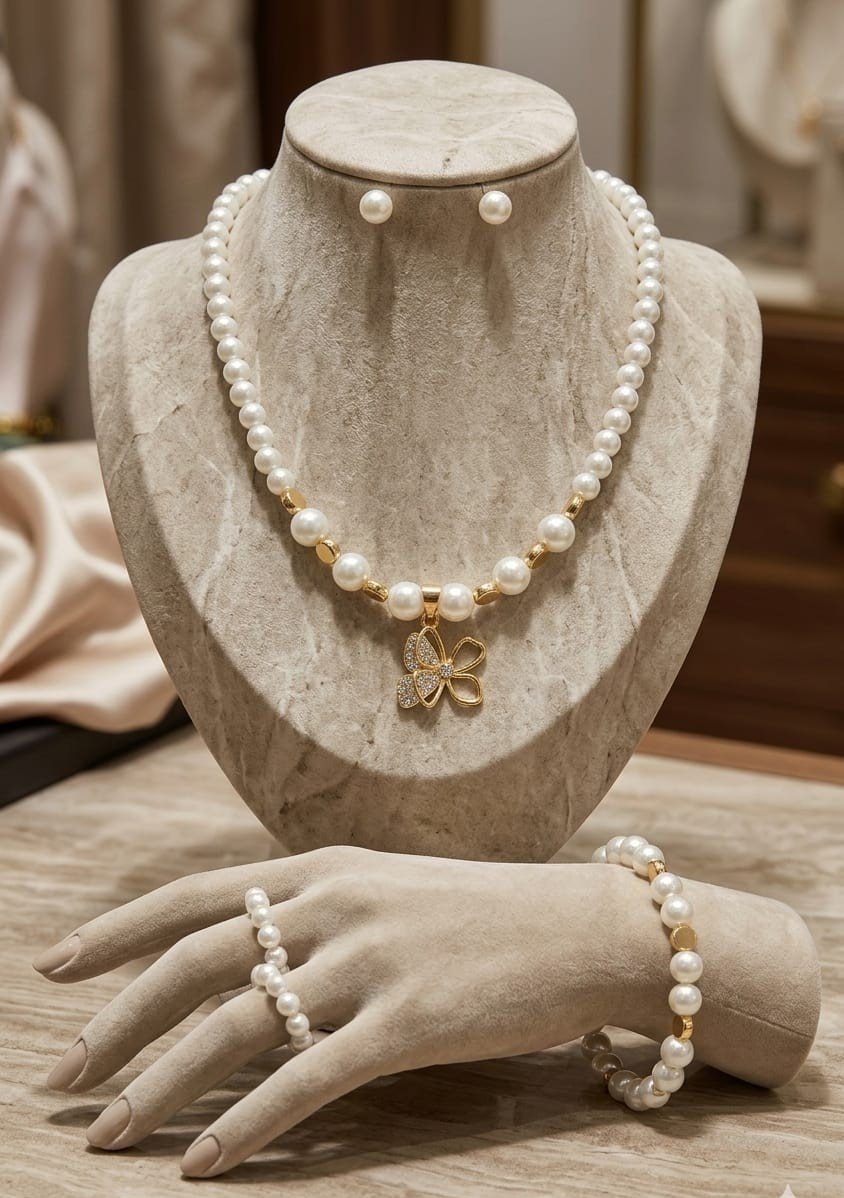 Golden Butterfly Charm Pearl Necklace Set