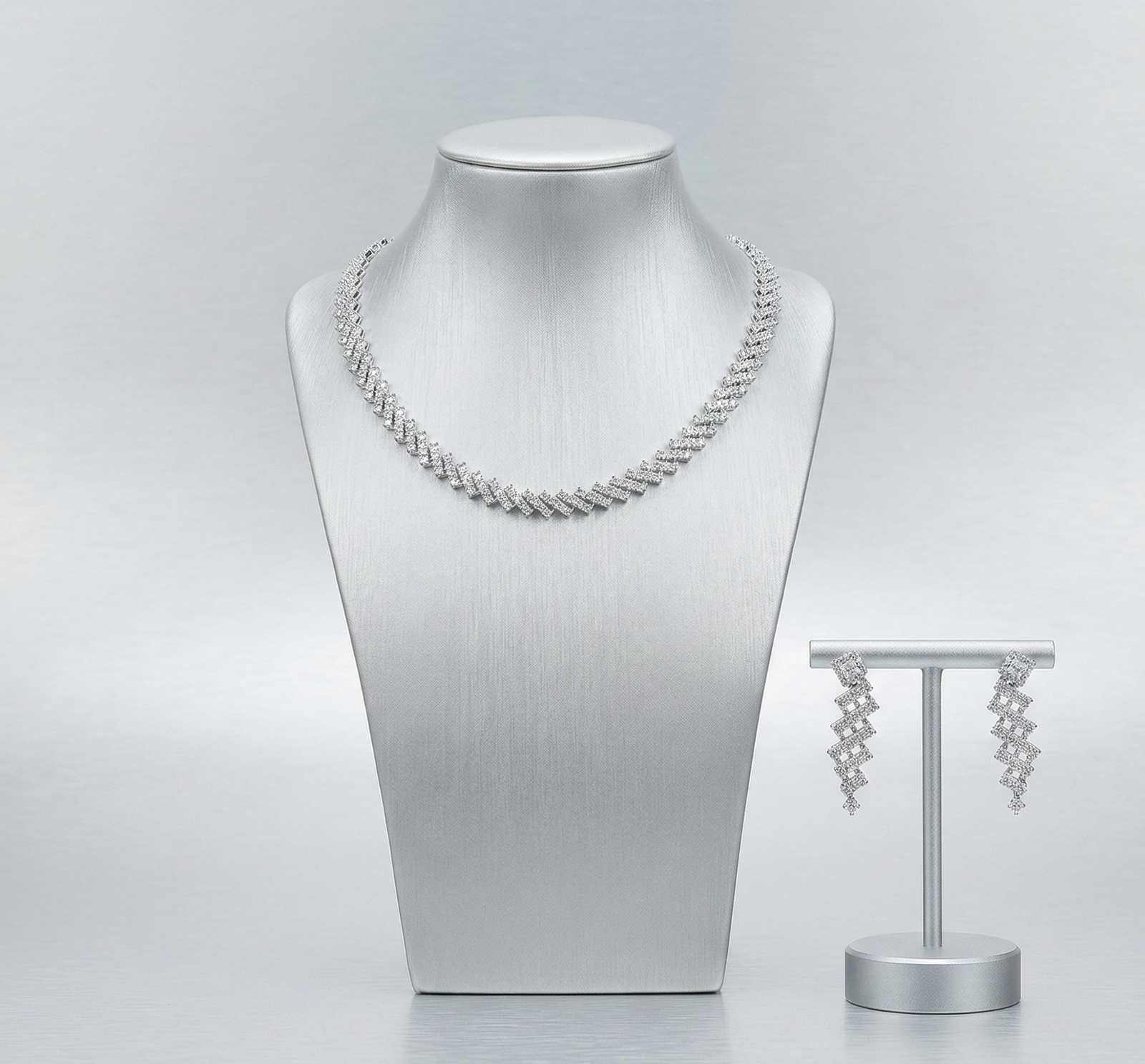 Diamond Choker & Drop Earrings Set (Silver Finish)