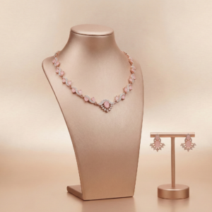 Rose Gold Blush Pink Stone Necklace Set with Matching Earrings
