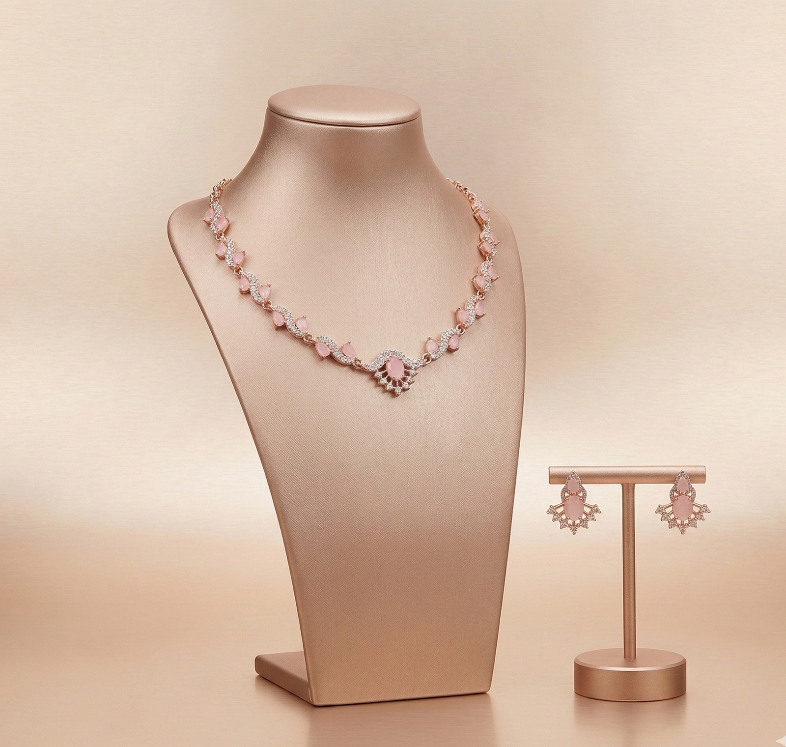 Rose Gold Blush Pink Stone Necklace Set with Matching Earrings