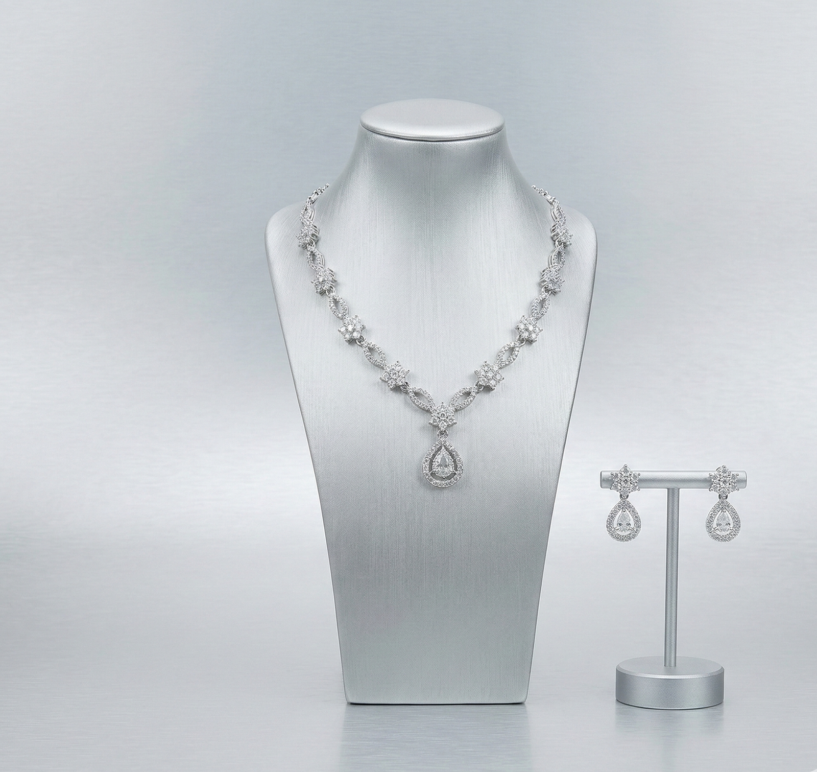 Silver Radiance Geometric Zig-Zag Choker & Dangle Earrings