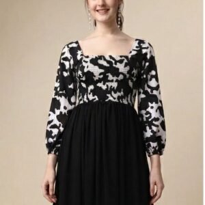 Women’s Black & White Printed Smocked Maxi Dress