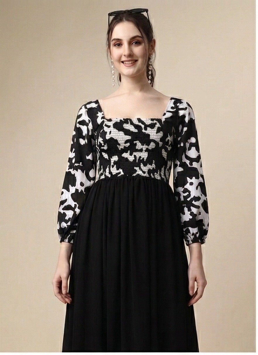 Women’s Black & White Printed Smocked Maxi Dress